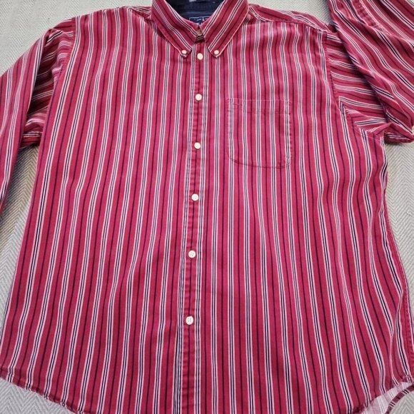 John Ashford Men's Dress Shirt Medium Red Blue Button-Down Striped Long Sleeve - Picture 4 of 13